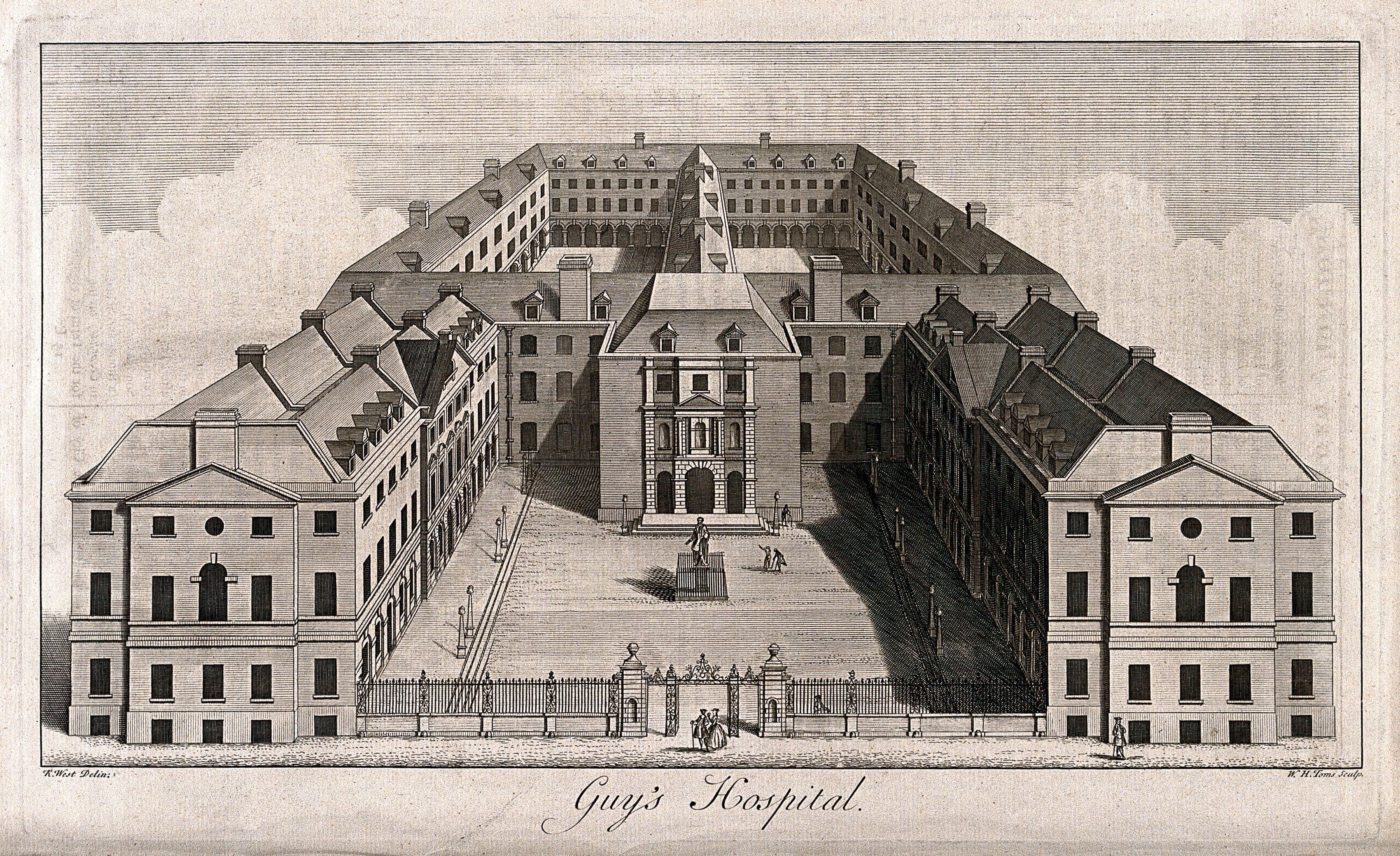 An engraving of Guy's Hospital courtyard and cloister, elevated view from above.