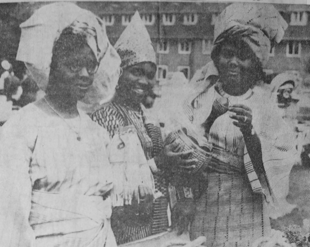 Nurses Olusanga, Ngoka and Oshodi at the Harefield summer fete in 1966, selling Nigerian leather goods