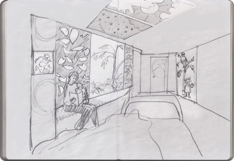 A pencil drawing of a parent reading to a child in a bedroom. There is a skylight designed to look like the sky and a mural of a jungle scene on the wall.