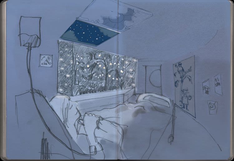 A pencil drawing of a child sleeping in a bedroom at night, there are sparkling lights on the wall and a skylight which looks like the night sky.
