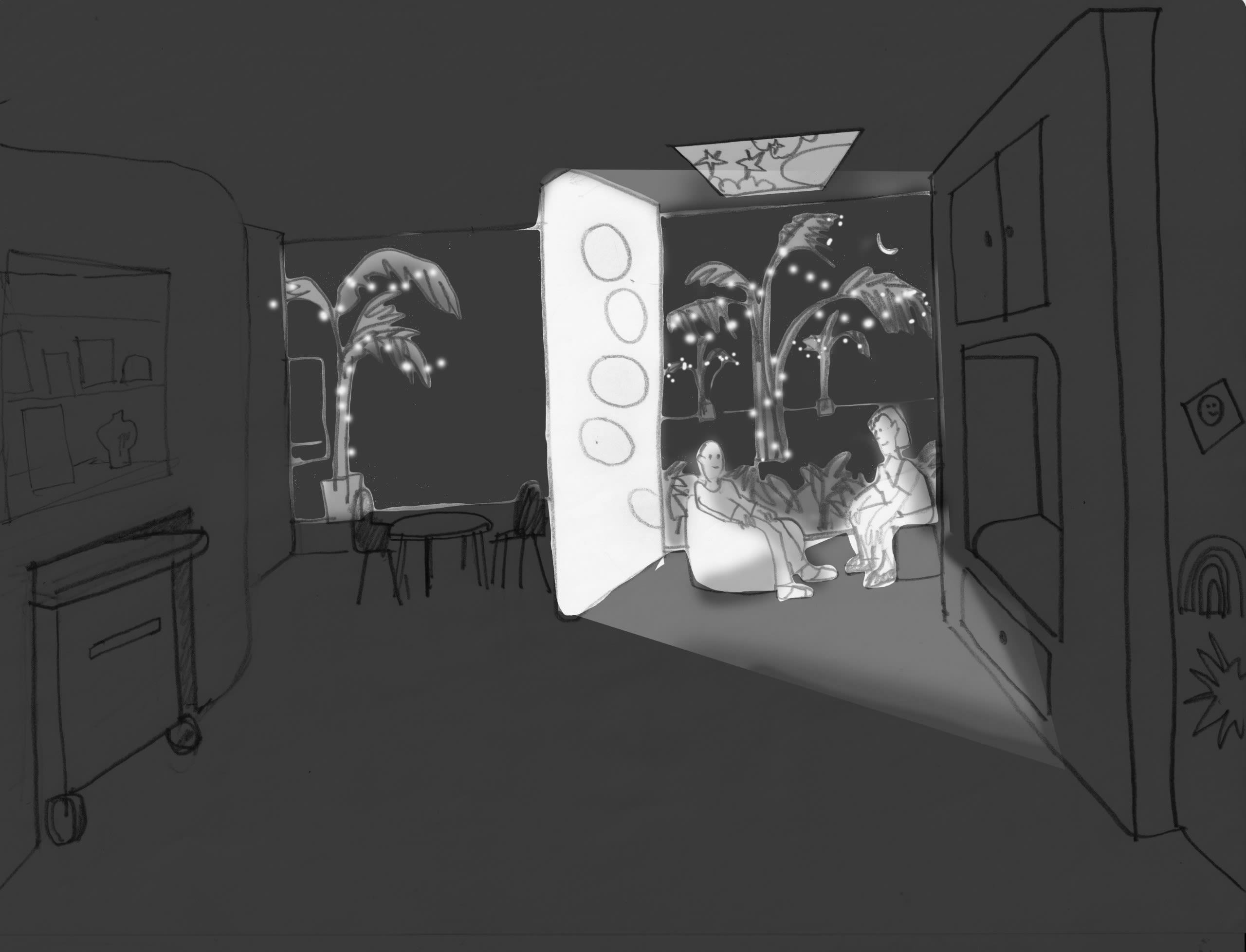 A pencil drawing of two people sitting in a playroom at night. Behind them are trees that are lit up with fairy lights
