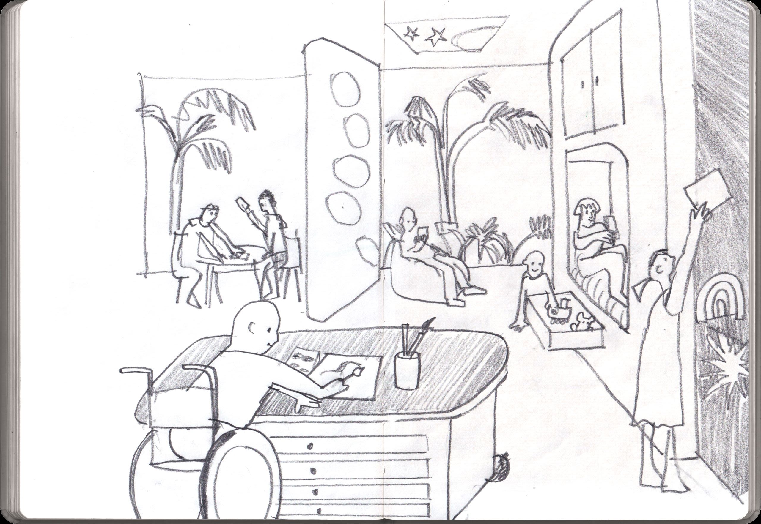 A pencil drawing of a play room with children drawing, reading, and playing games