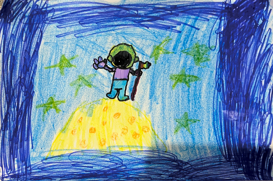 A child's drawing of an astronaut on a planet, holding a flag