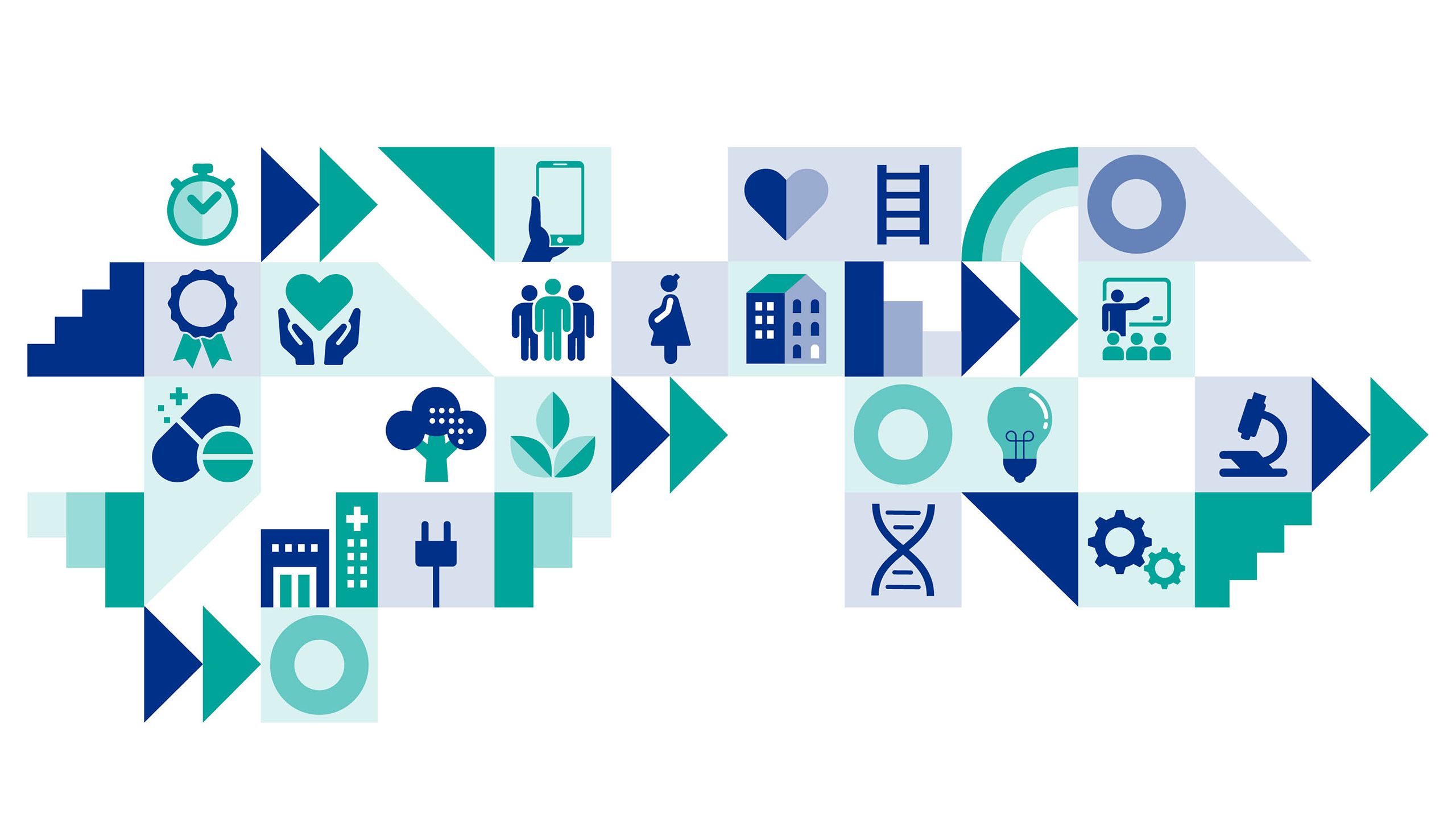 A collage of icons including a heart, a ladder, a house, a hand holding a mobile phone, a DNA strand, a light bulb, a plug, a microscope, and people in shades of blues and greens to represent our strategic priorities.