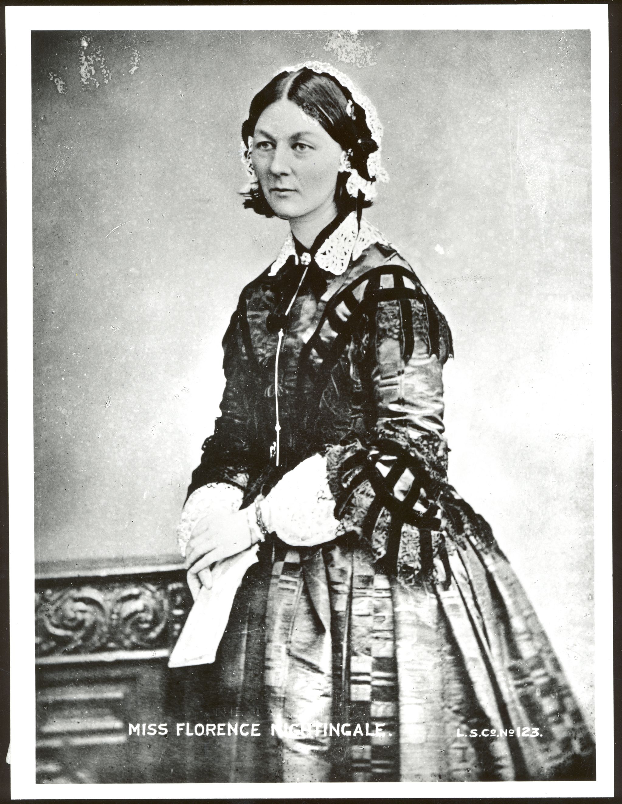 A black and white portrait of Florence Nightingale